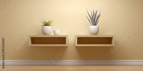 Minimalist Interior with Two Wooden Shelves, Potted Plants, and Cup Displayed on a Warm Yellow Wall