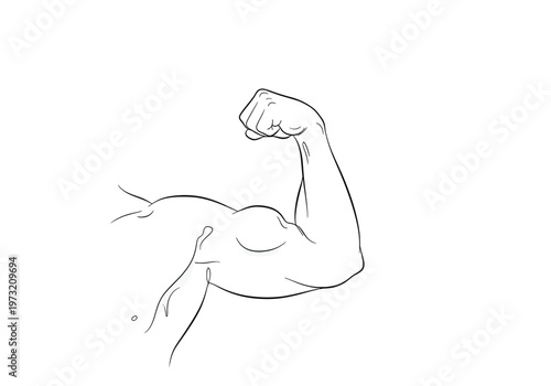 Muscular arm flexing bicep in a black and white line art drawing style with human body