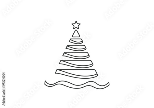 Abstract stacked christmas tree one line art with star topper and wavy base with modern holid