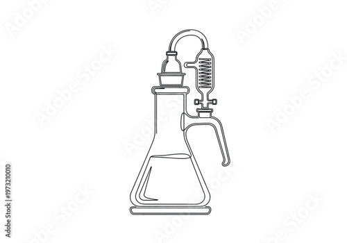 Continuous one line drawing of chemistry flask with condenser and tubing with black and white