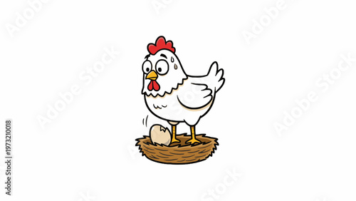Hen cartoon character looking at cracked egg in straw nest