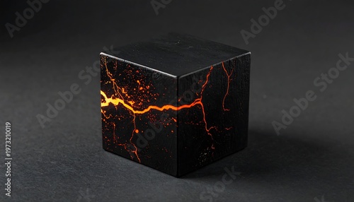 Illuminated Black Cube with Fiery Cracks.