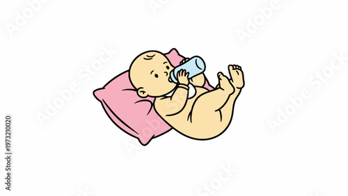 Baby Drinking from Bottle Lying on Pink Pillow Illustration