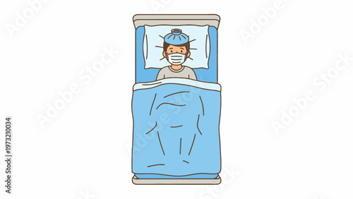 Sick person with ice pack and medical mask lying in bed