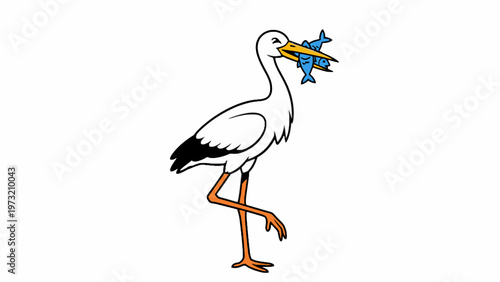 Cartoon Stork Standing and Holding Blue Fish in Beak