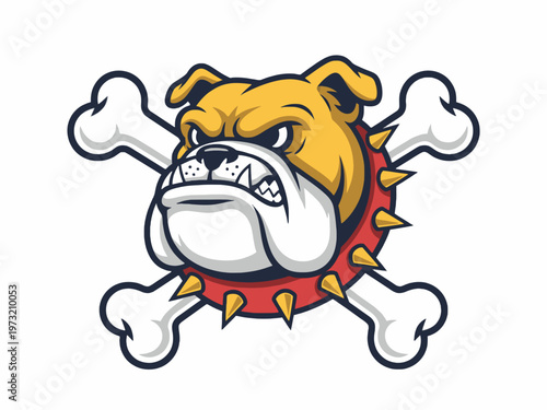 Bulldog head mascot with spiked collar and crossbones on white
