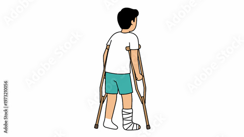 Injured man walking with crutches and leg cast