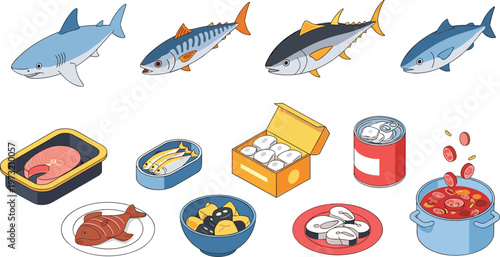 Seafood and Fish Collection Featuring Fresh Tuna Salmon Shark and Canned Food Meals for Cooking Cuisine Nutrition and Marine Illustration Design Set