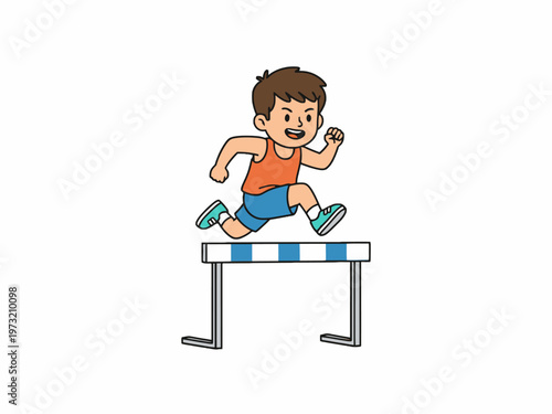Boy jumping over hurdle cartoon isolated on white