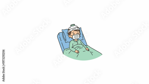 Sick boy lying in bed with face mask and ice pack illustration