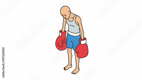 Weak skinny boxer with oversized red gloves on white background