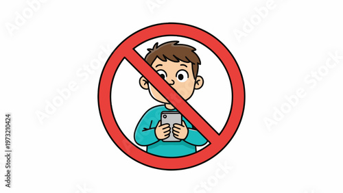 Child using smartphone with red prohibited sign illustration