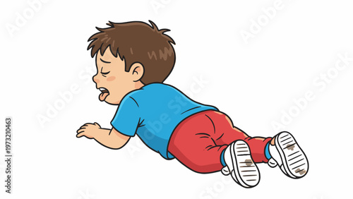 Exhausted boy lying prone on floor cartoon illustration