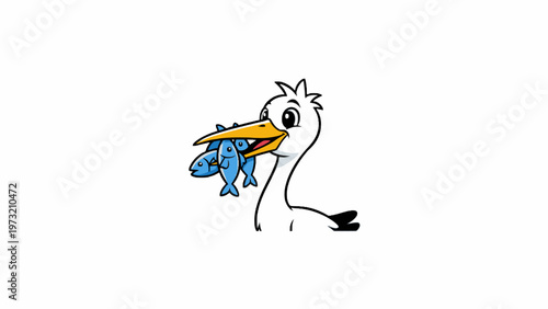 Stork Bird Mascot Holding Blue Fish in Beak Illustration
