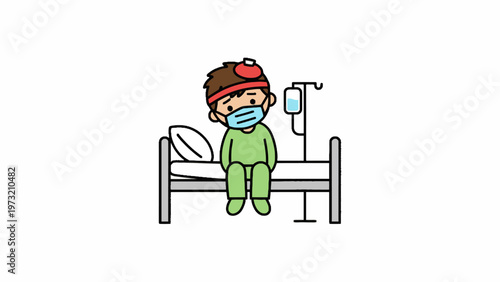 Sick Boy with Face Mask and Ice Pack on Hospital Bed