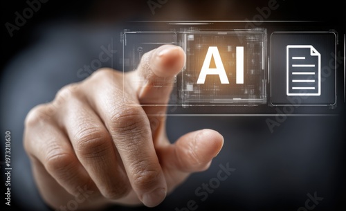 Hand touching digital screen selecting Artificial Intelligence concept icon for innovation and technology