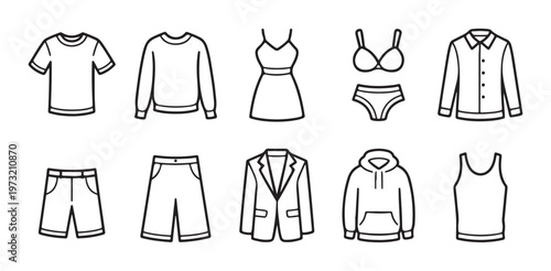 Outline clothing icons set with t shirt dress jacket shorts skirt and underwear.