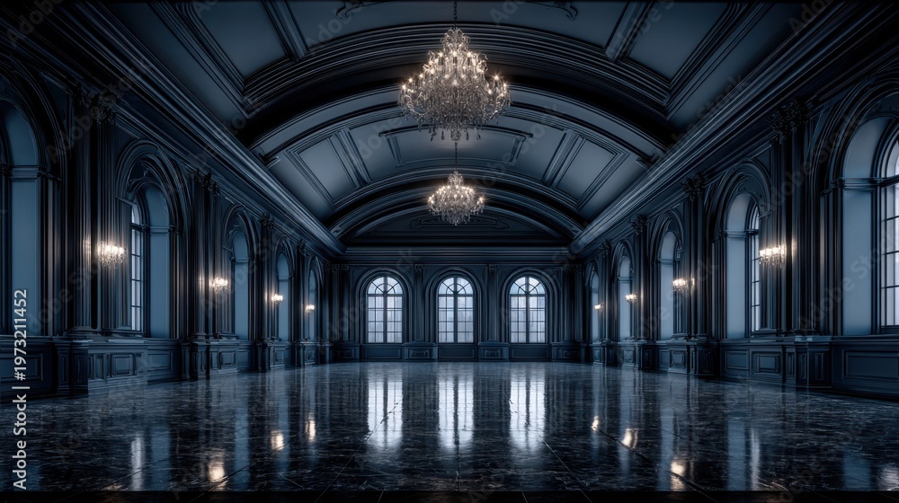 Obraz premium Elegant Grand Ballroom with Crystal Chandeliers and Arched Windows, Reflecting Opulence