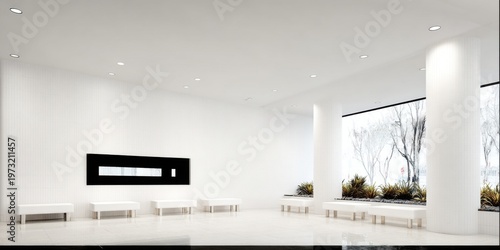 Modern Minimalist White Lobby with Contemporary Art and Large Window with Winter Trees