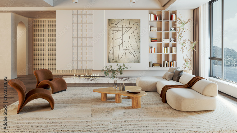 Obraz premium 3D render, illustration Luxury modern living room interior, realistic lighting, wide angle, contemporary furniture, clean lines, minimalist decor, elegant home design, large window