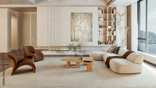3D render, illustration Luxury modern living room interior,  realistic lighting, wide angle, contemporary furniture, clean lines, minimalist decor, elegant home design, large window