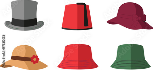 Vintage and Modern Hat Collection Featuring Top Hat Fez Bucket and Wide Brim Styles for Fashion Design and Accessory Illustration Set