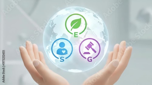 Hands hold a globe with E, S, and G symbols representing environmental, social, and governance themes in a corporate setting