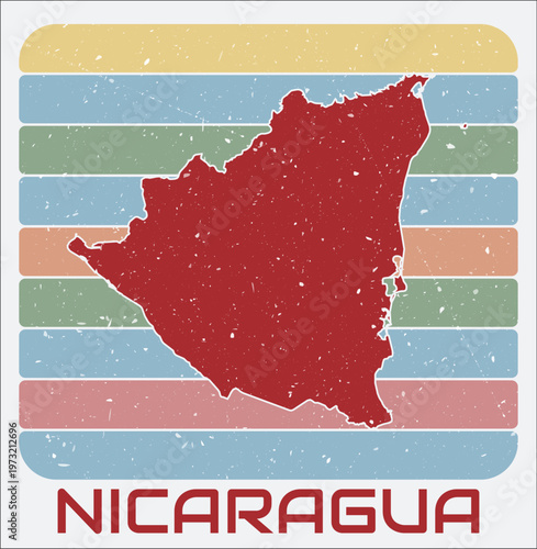 Nicaragua vintage logo. Shape of the country on retro colored stripes background. Nicaragua map design with grunge scratch texture. Vector illustration.