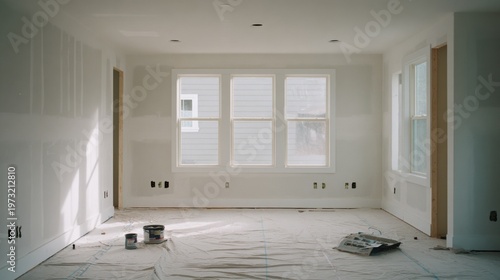Bright and airy empty room with fresh white paint, windows, and drop cloths, ready for home renovation