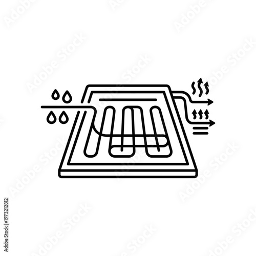 Black line drawing of a radiator with water and heat flow