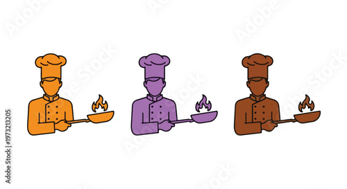 Three chefs in colorful uniforms holding flaming dishes, representing culinary arts and restaurant service