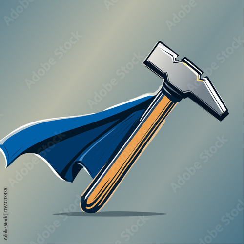Superhero Hammer with Blue Cape Flying Through the Air.
