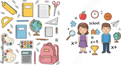 Back to School and Education Illustration Set with School Supplies, Learning Tools, and Students for Academic and Classroom Designs