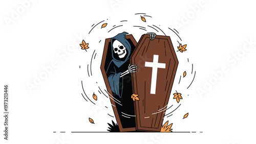 Spooky skeleton wearing a dark hooded cloak emerges from a wooden coffin with a cross as autumn leaves swirl in the wind around it.