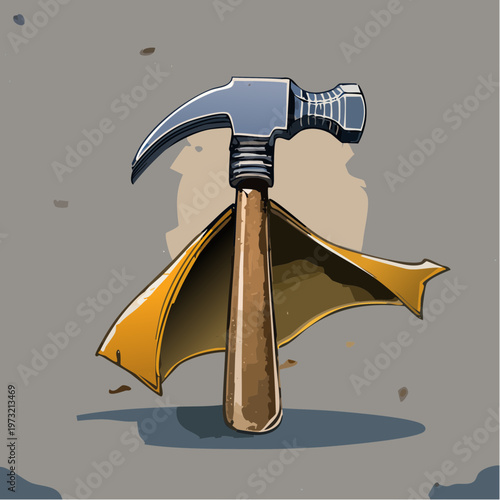 Superhero Hammer with Golden Cape Standing Upright.