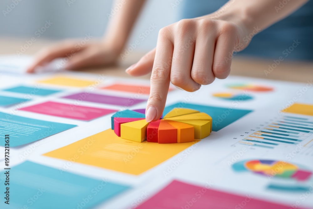 Fototapeta premium Businesswoman analyzing colorful charts and graphs, pointing at a pie chart for financial data review