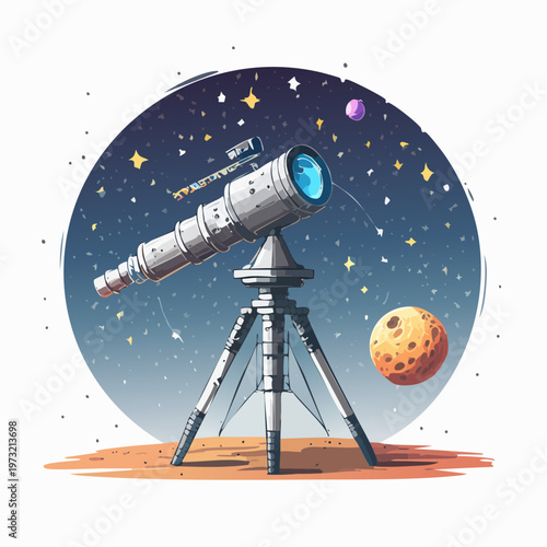 Telescope on tripod observing celestial bodies in space.