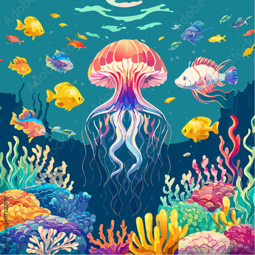 Vibrant Jellyfish in an Underwater Coral Reef Scene.