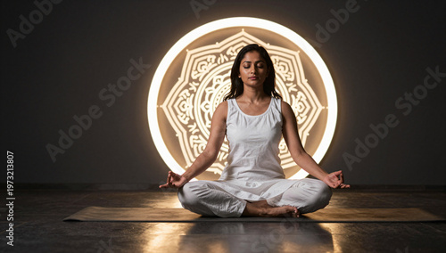An Indian woman in white dress sitting in a yoga position in front of a circular mandala light | Indian Woman Doing Yoga in front of an illuminated Mandala light