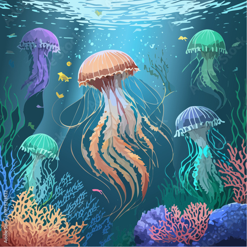 Vibrant Jellyfish gracefully swim in an underwater world.
