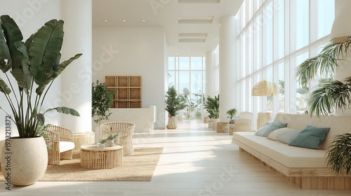 Bright and airy modern hotel lobby with natural light, tropical plants, and minimalist decor