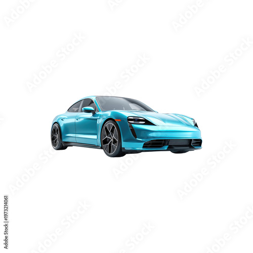 Electric luxury car with futuristic design and vibrant blue color isolated on white background
