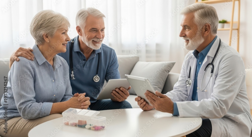 Obraz premium Senior couple discusses medical results with doctor using tablets for a health consultation