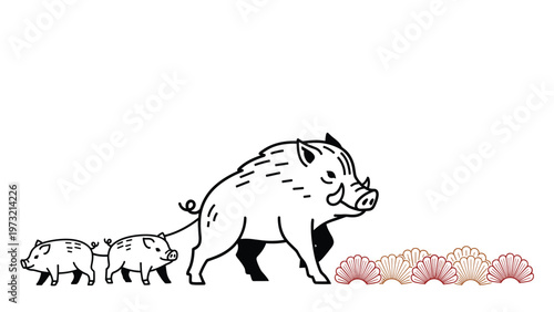 Simple black and white line art depicting a mother wild boar followed by her two small piglets next to traditional japanese wave patterns.