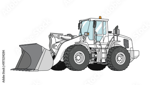 Robust white industrial wheel loader with a large front bucket stands ready for heavy construction or mining work on a white background.