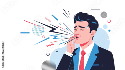 Businessman in a dark suit and red tie coughs painfully as abstract colored lines and symbols represent the spread of germs or illness.