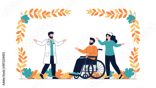 Caring doctor and nurse warmly welcome a man in a wheelchair within a beautiful frame of colorful autumn leaves representing health support.
