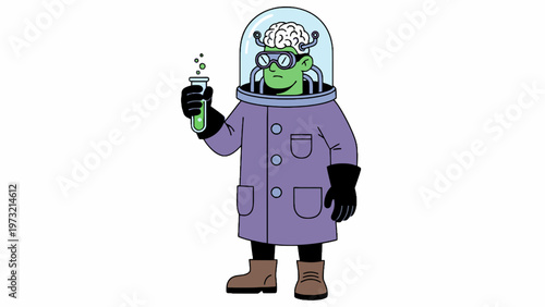 Alien scientist holding test tube with brain in glass dome helmet