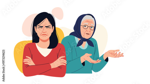 Tense moment of conflict between a frustrated younger woman and an elderly woman who shrugs in confusion and misunderstanding.