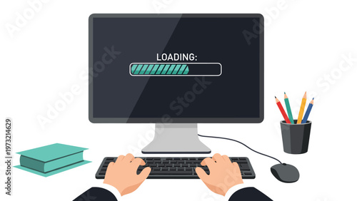 First-person view of hands typing on a keyboard while waiting for a loading progress bar on the computer monitor at a tidy desk.